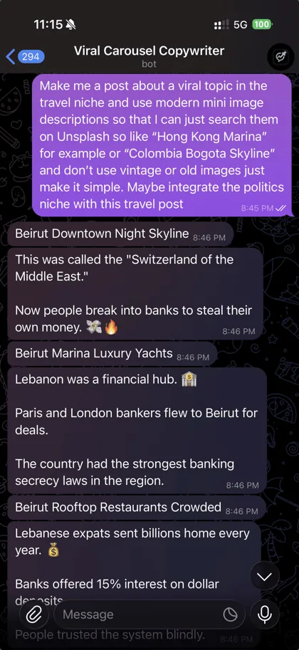 Sending the bot a topic and getting a finished carousel back