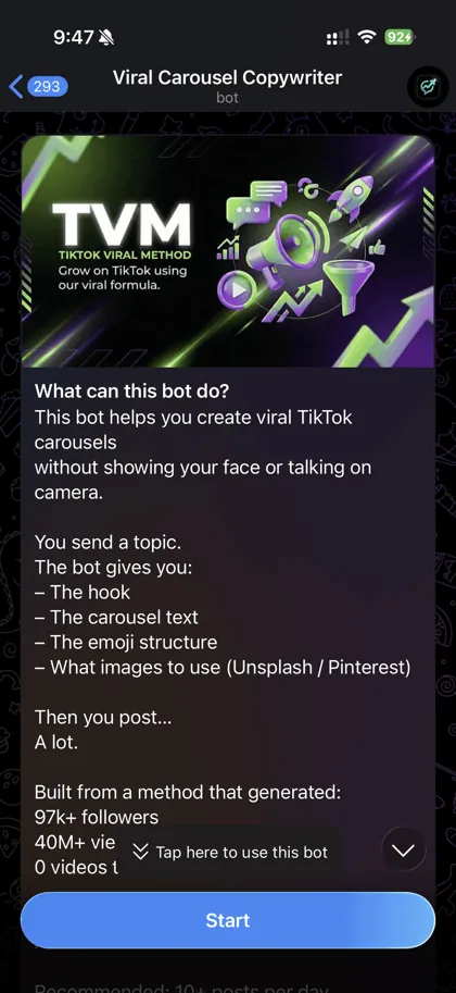 The Telegram bot explaining what it does